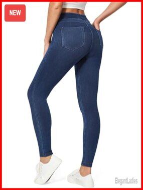High Waist Pull On Jeggings Skinny Denim Leggings with Pockets